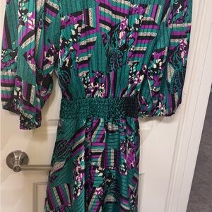 Green and Purple Long Sleeve Sundress with Bateau Neckline